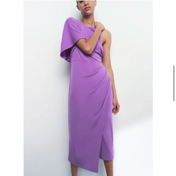 NWT ZARA DRAPED ASYMMETRICAL MIDI DRESS LILAC 8‎ - Picture 1 of 9